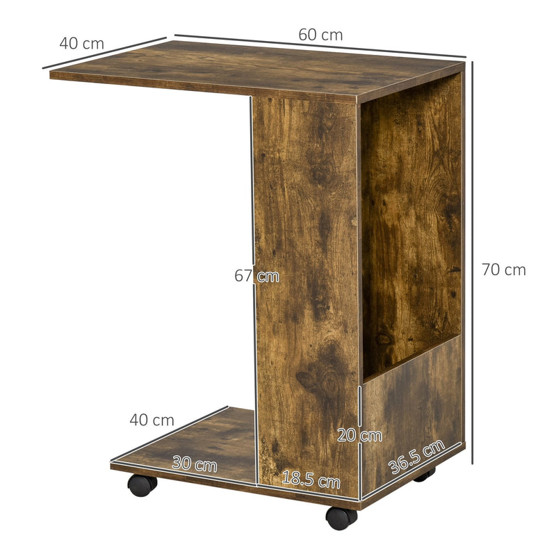 Mobile Sofa Side Table C-Shape End Table with Storage and Casters for Laptop Coffee Snack, Rustic Brown w/ Casters