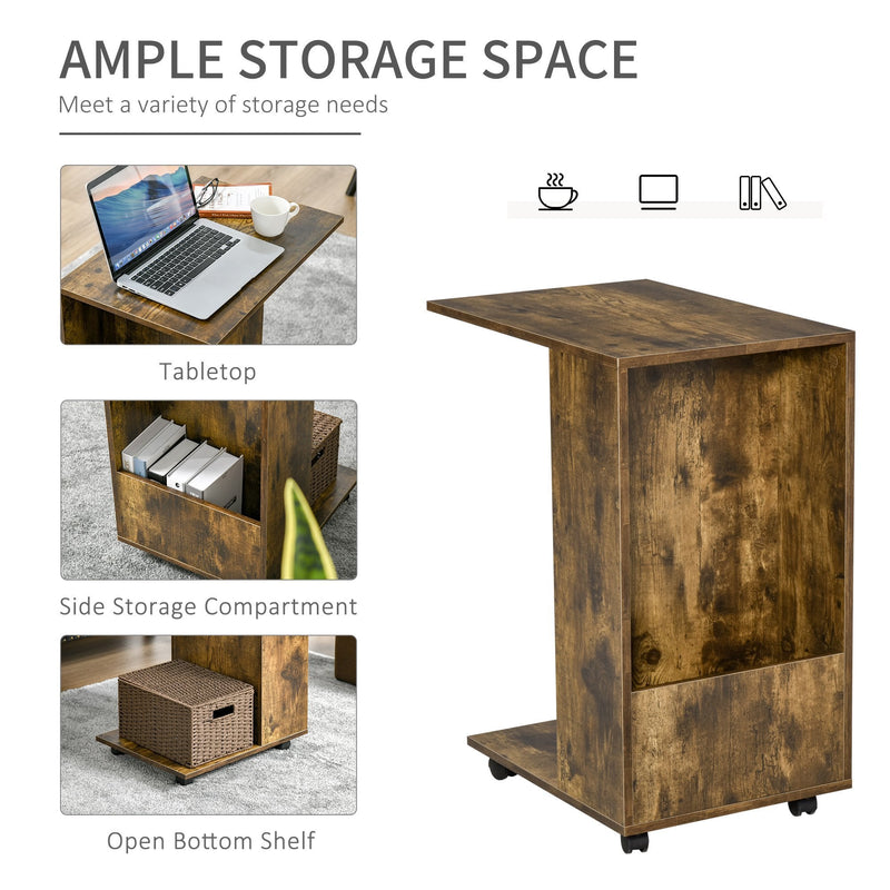Mobile Sofa Side Table C-Shape End Table with Storage and Casters for Laptop Coffee Snack, Rustic Brown w/ Casters