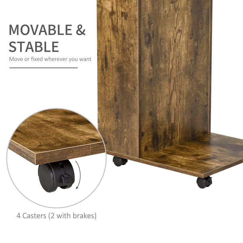 Mobile Sofa Side Table C-Shape End Table with Storage and Casters for Laptop Coffee Snack, Rustic Brown w/ Casters