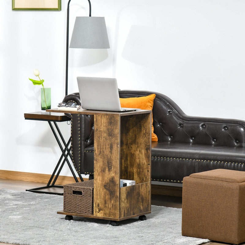Mobile Sofa Side Table C-Shape End Table with Storage and Casters for Laptop Coffee Snack, Rustic Brown w/ Casters