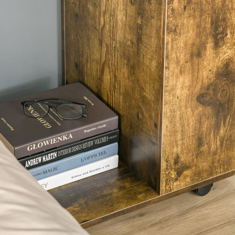 Mobile Sofa Side Table C-Shape End Table with Storage and Casters for Laptop Coffee Snack, Rustic Brown w/ Casters