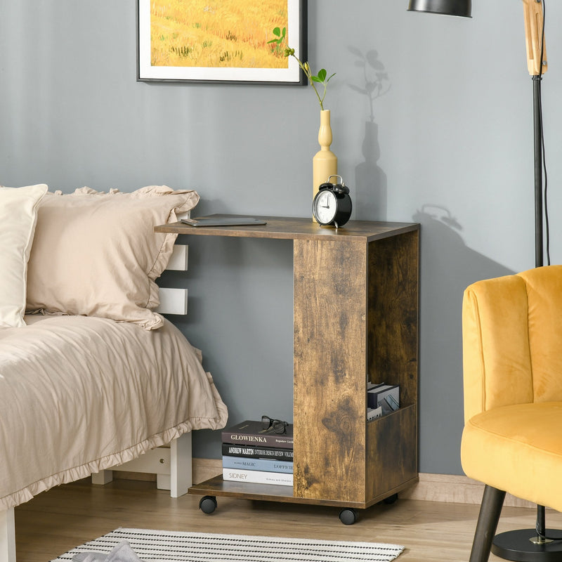 Mobile Sofa Side Table C-Shape End Table with Storage and Casters for Laptop Coffee Snack, Rustic Brown w/ Casters