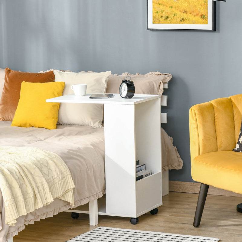 Mobile Sofa Side Table C-Shape End Table with Storage and Casters for Laptop Coffee Snack, White w/ Casters