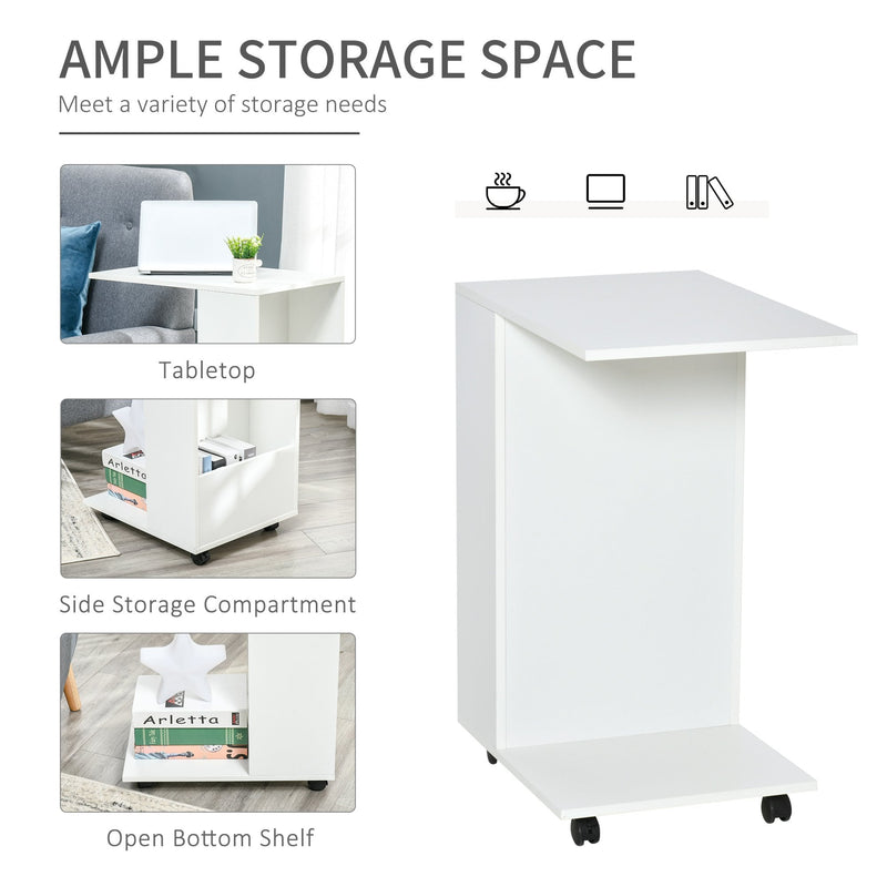 Mobile Sofa Side Table C-Shape End Table with Storage and Casters for Laptop Coffee Snack, White w/ Casters