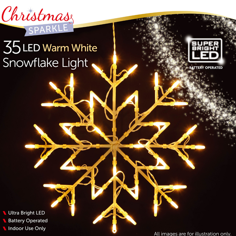 Christmas Workshop Battery Operated Hanging Snowflake Light 35cm with 35 Warm White LEDs and Timber
