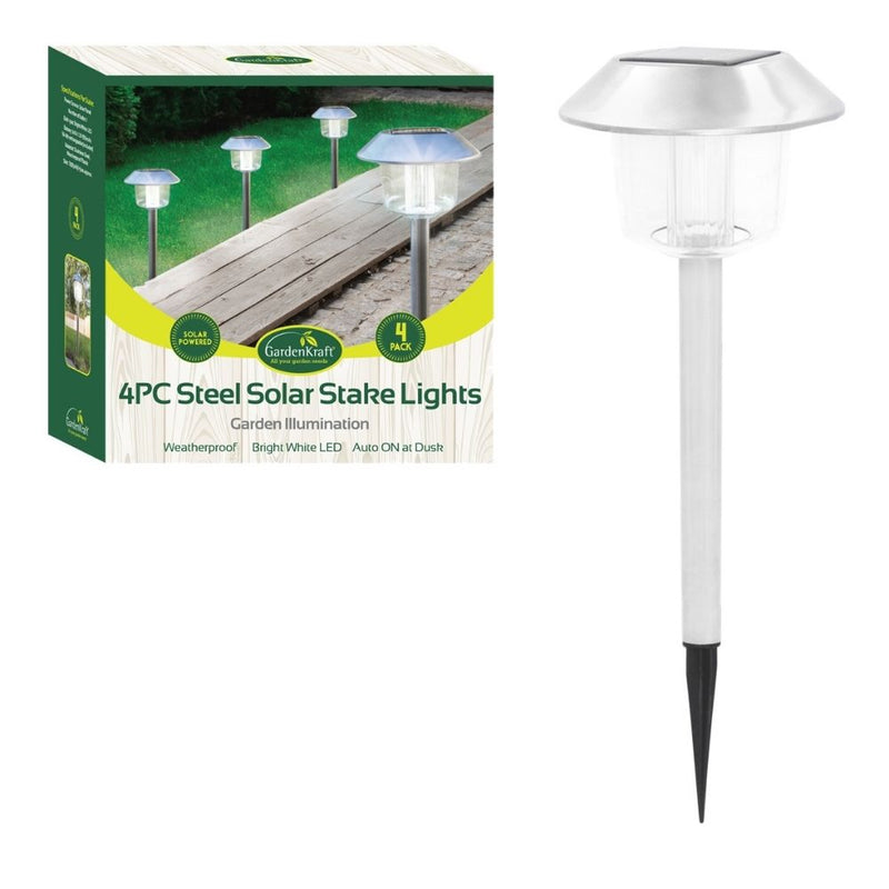 Garden Kraft Solar Stake Lights Pack of 4 with Bright White LEDs - Steel