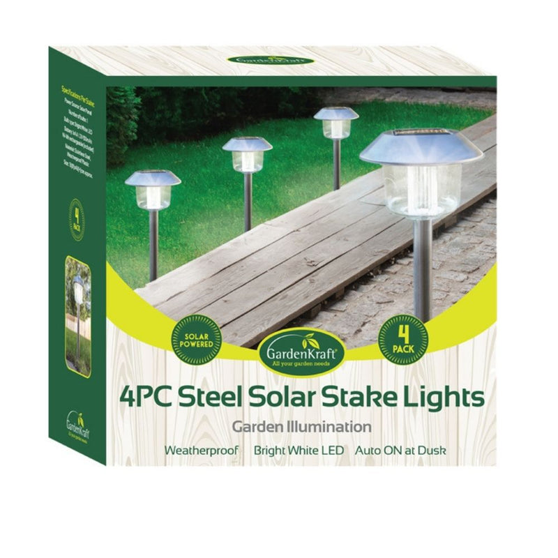 Garden Kraft Solar Stake Lights Pack of 4 with Bright White LEDs - Steel