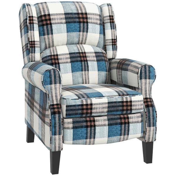 HOMCOM Wingback Recliner Armchair Push Back Reclining Chair For Living Room Bedroom With Footrest Round Armrests And Rubber Wood Legs Blue