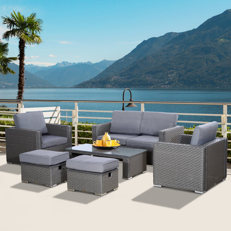 Outsunny 6PC Garden Rattan Sofa Set Bonzer Outdoor Furniture Patio Table Loveseat Stool Lounging Ottoman Aluminium Frame Wicker Weave Conservatory Grey