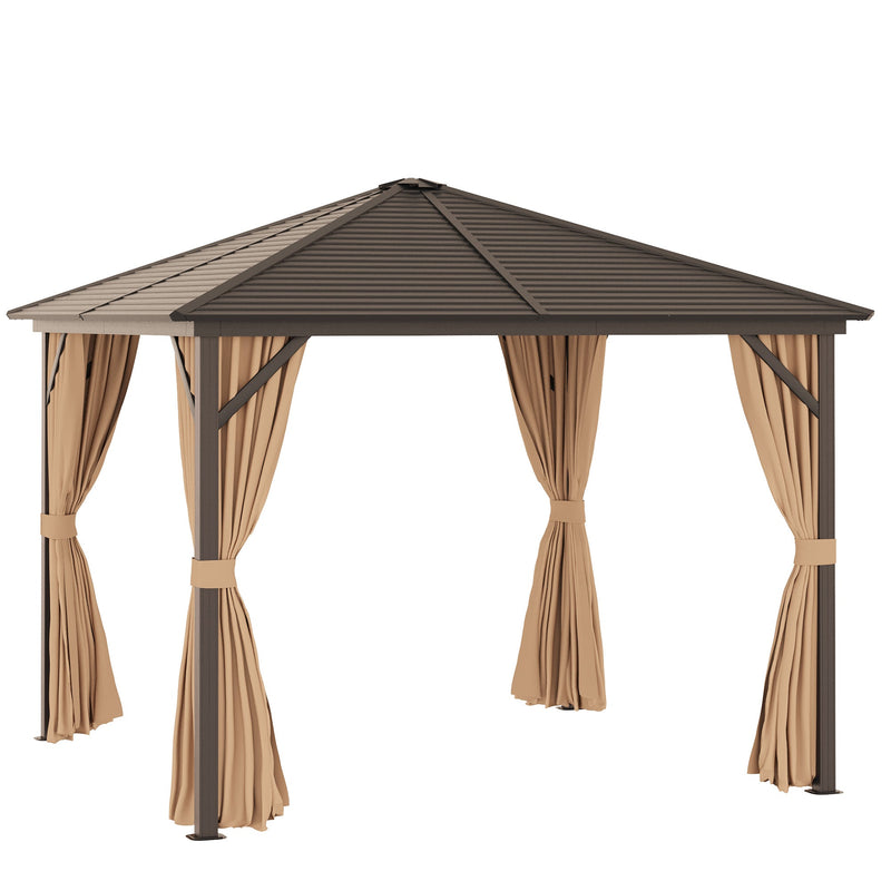 Outsunny 3 x 3 Meters Garden Gazebo with Netting & Curtains, Hard Top Gazebo Canopy Shelter with Metal Roof and Aluminum Frame, for Garden, Lawn, Backyard and Deck, Brown