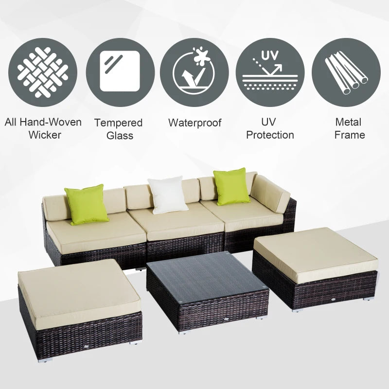 Outsunny 6 PC Rattan Sofa Coffee Table Set Sectional Wicker Weave Furniture for Garden Outdoor Conservatory w/ Pillow Cushion-  Brown