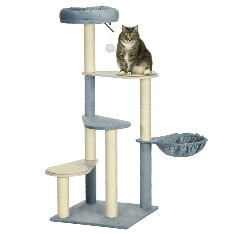 PawHut Wooden Cat Tree Climbing Tower with Scratching Post Hammock - Blue