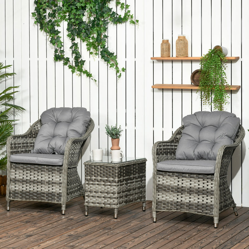 Outsunny 3 PCS Aluminium Rattan Bistro Set with Soft Cushions & Glass Top