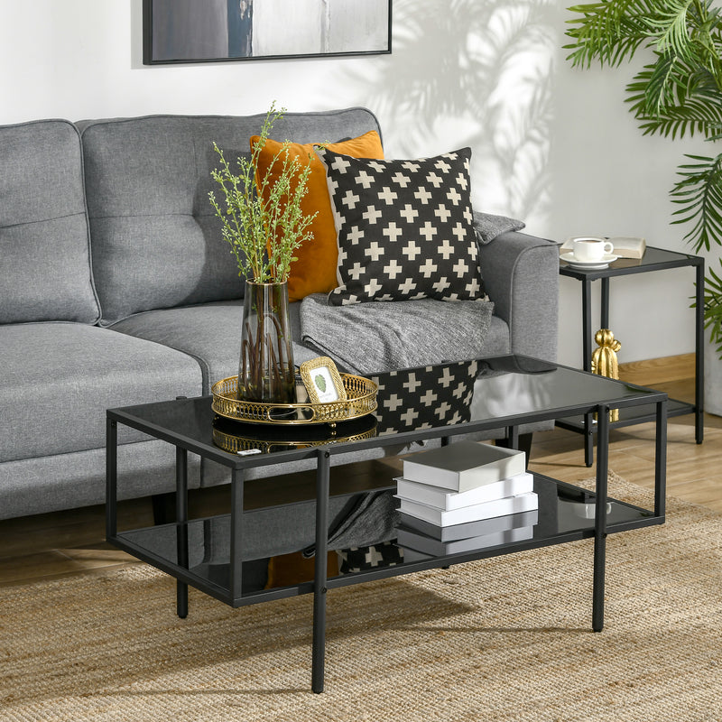 HOMCOM Coffee Table with Tempered Glass Top, Centre Table with 2-Tier Storage