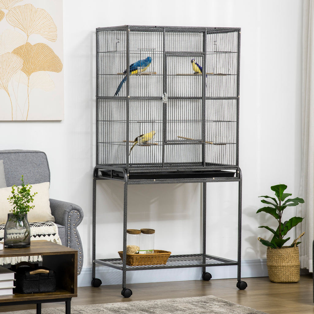 PawHut Rolling Bird Cage W/ Detachable Stand Storage Shelf Wood Perch