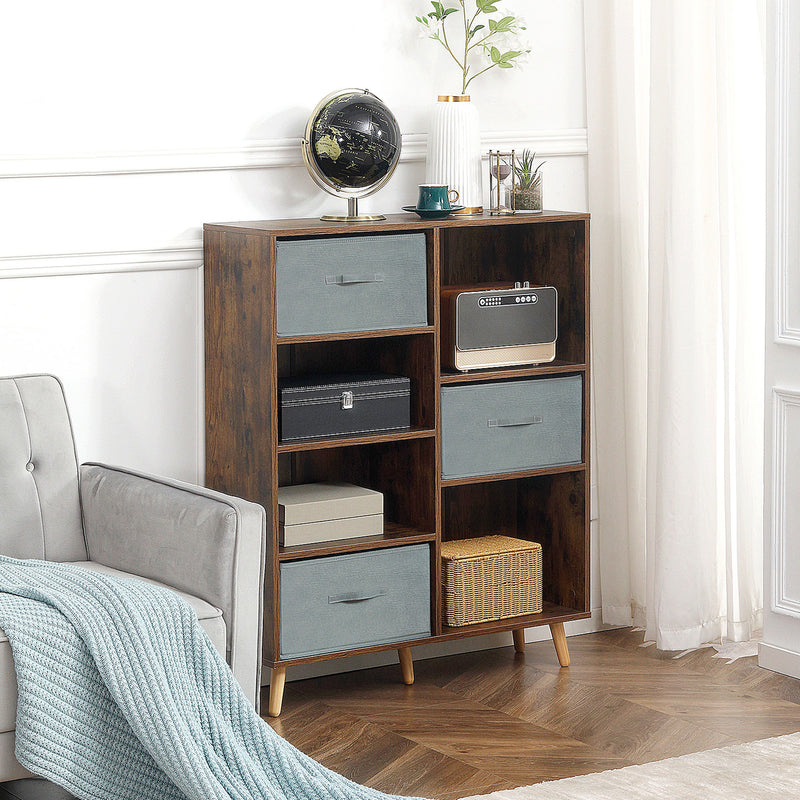 HOMCOM 7 Cube Storage Cabinet Shelving Unit with 3 Fabric Drawers Rustic Brown