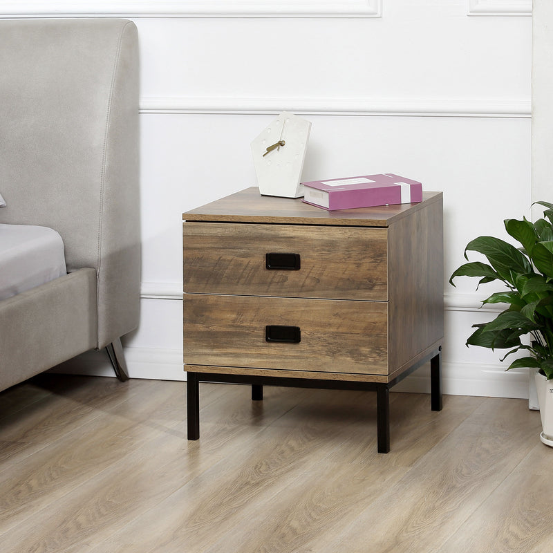 HOMCOM Retro Bedside Table Metal Frame Bedroom Side Table w/ 2 Drawers Coffee