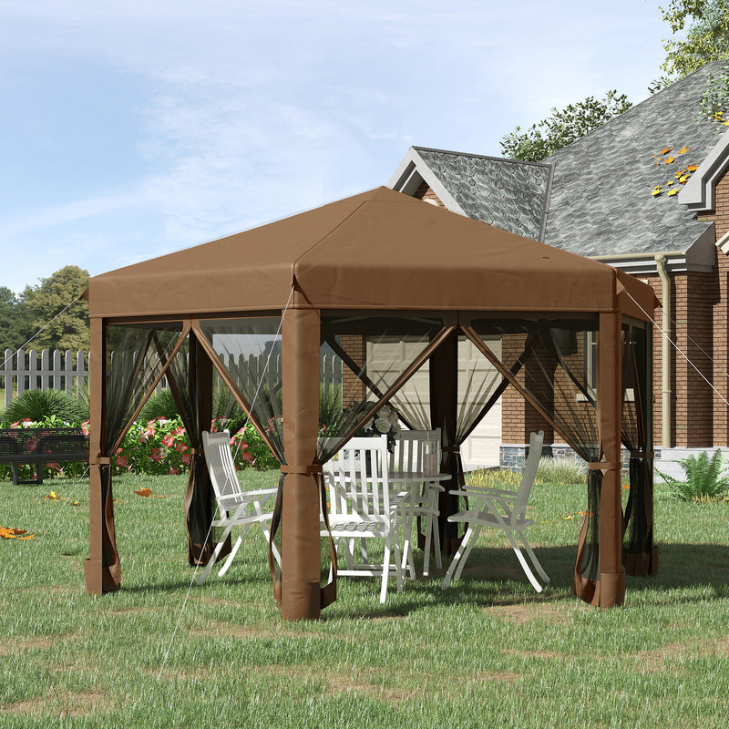 Outsunny 3.2m Pop Up Gazebo Hexagonal Canopy Tent Outdoor w/Sidewalls Brown