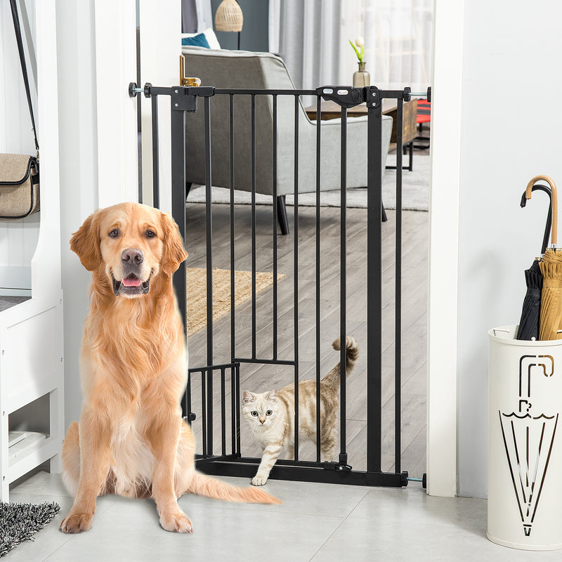 PawHut Extra Tall Dog Gate with Cat Door Auto Close for Stairs 74-80 c