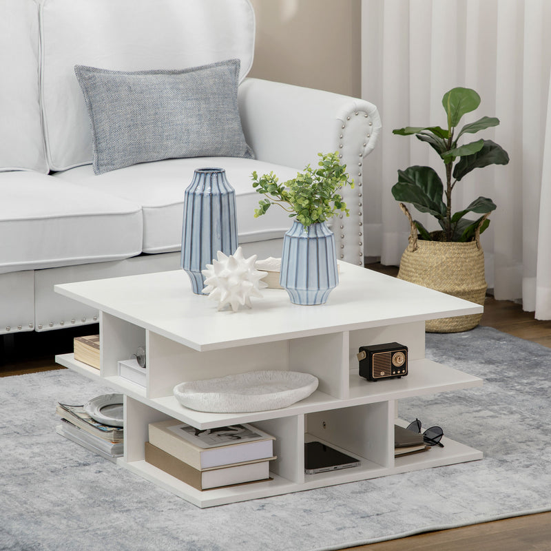 HOMCOM Square Modern 2-Tier Coffee Table with Multiple Storage Shelves White