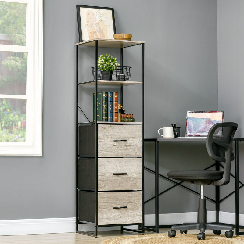 HOMCOM Industrial Storage Cabinet with 2 Shelves 3 Fabric Drawers Grey