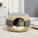PawHut Wicker Cat House, Rattan Raised Cat Bed w/ Soft Cushion, ?40 x 30cm