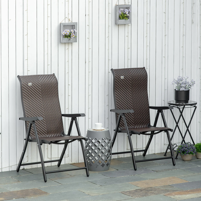 Outsunny Set of 2 Outdoor Rattan Folding Chair Set w/ Adjustable Backrest Brown