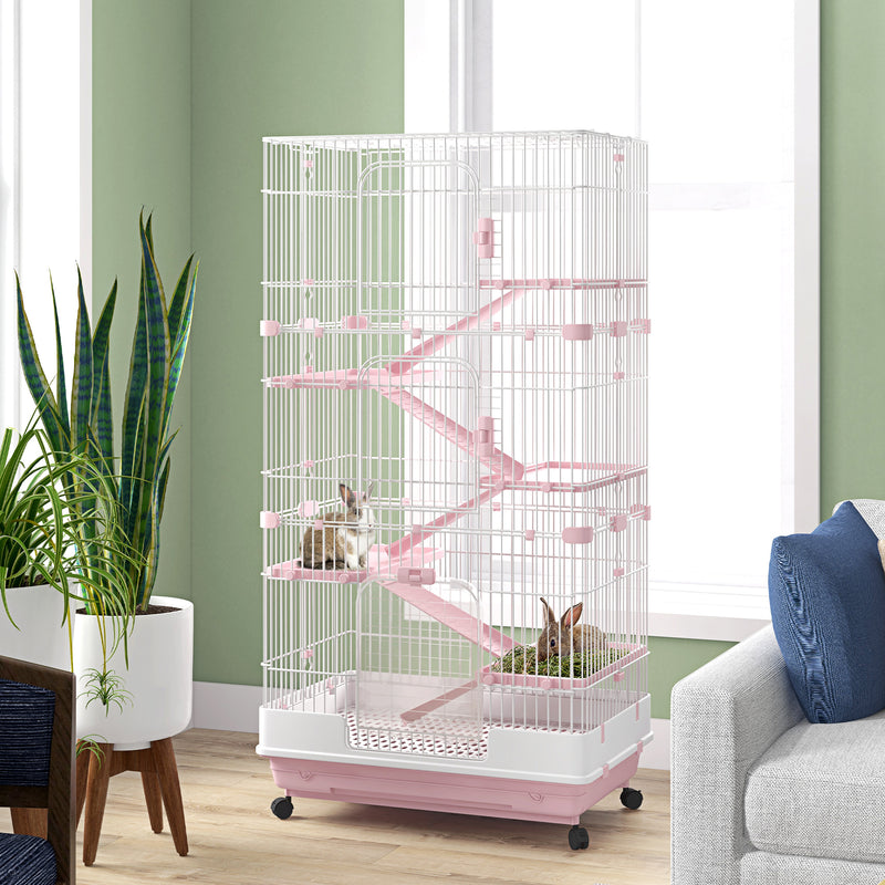 PawHut Six-Level Small Animal Cage, Indoor Pet House, Pink, 81 x 52.5 x 159 cm