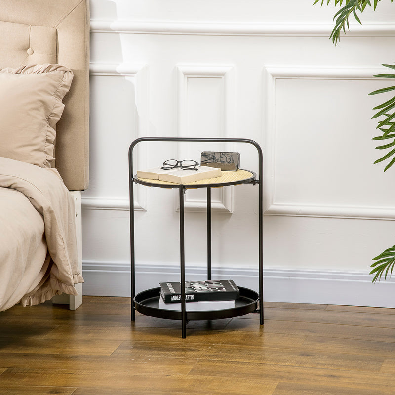 HOMCOM Side Table End Table with Serving Tray and Plastic Rattan Shelf, Black