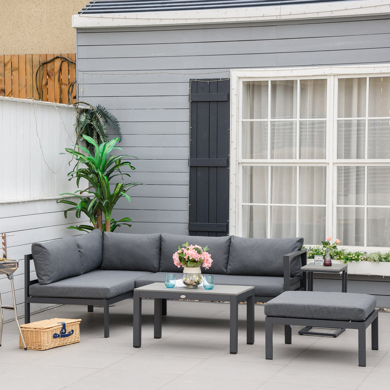 Outsunny 5-Piece Corner Garden Furniture Set w/ 2 Tables, Grey Aluminium Frame