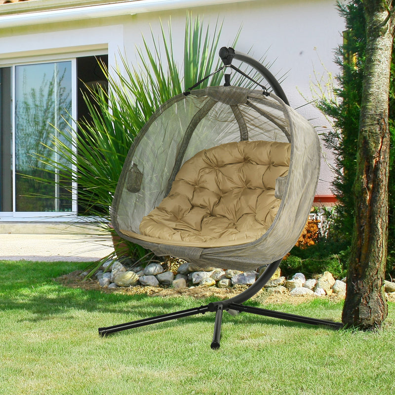 Outsunny Double Hanging Swing Egg Chair- Brown/Khaki/Black