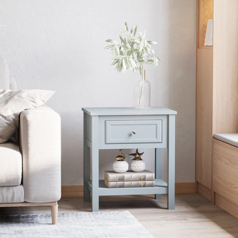 HOMCOM Boxy Accent Bedside End Table Nightstand Drawer Shelf Home Furniture Grey