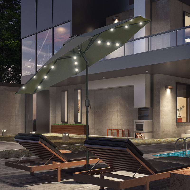 Outsunny 2.7m Patio LED Umbrella with Push Button Tilt/Crank 8 Ribs Grey