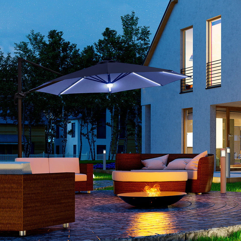 Outsunny 3(m) LED Cantilever Parasol Outdoor with Base Solar Lights Blue