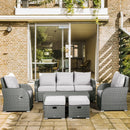 Outsunny 6pc Padded Outdoor Rattan Wicker 3-Seat Sofa Recliner Footstool Table - Light Grey