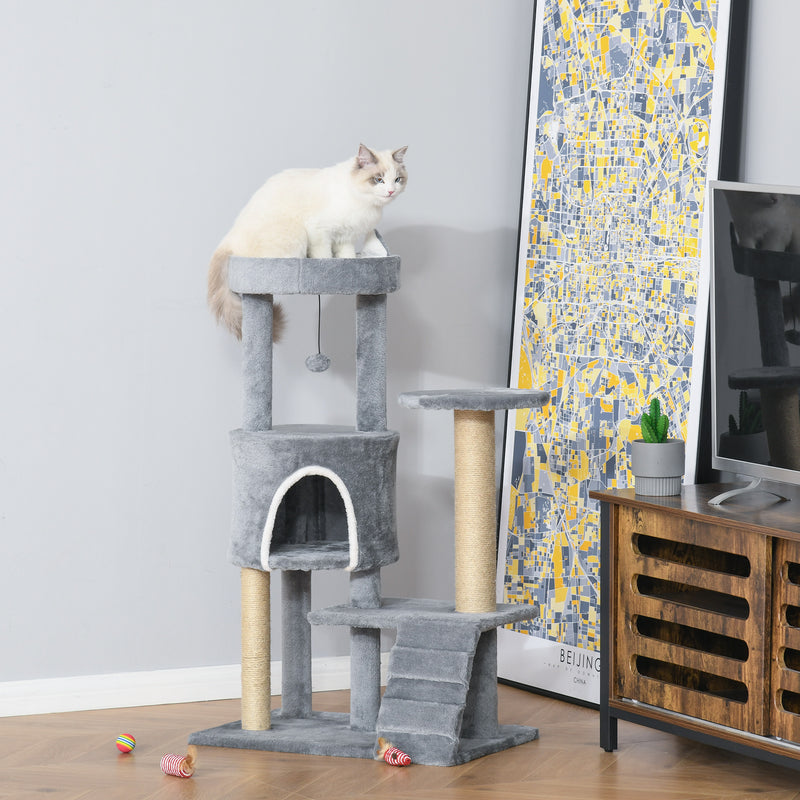 PawHut 100cm Cat Tree With Climbing Ladder Scratching Post Ball, Light Grey