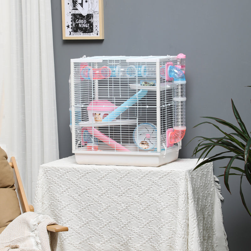 PawHut Hamster Cage w/ Tunnel Tube, Detachable Bottom, Ramps, Exercise Wheel