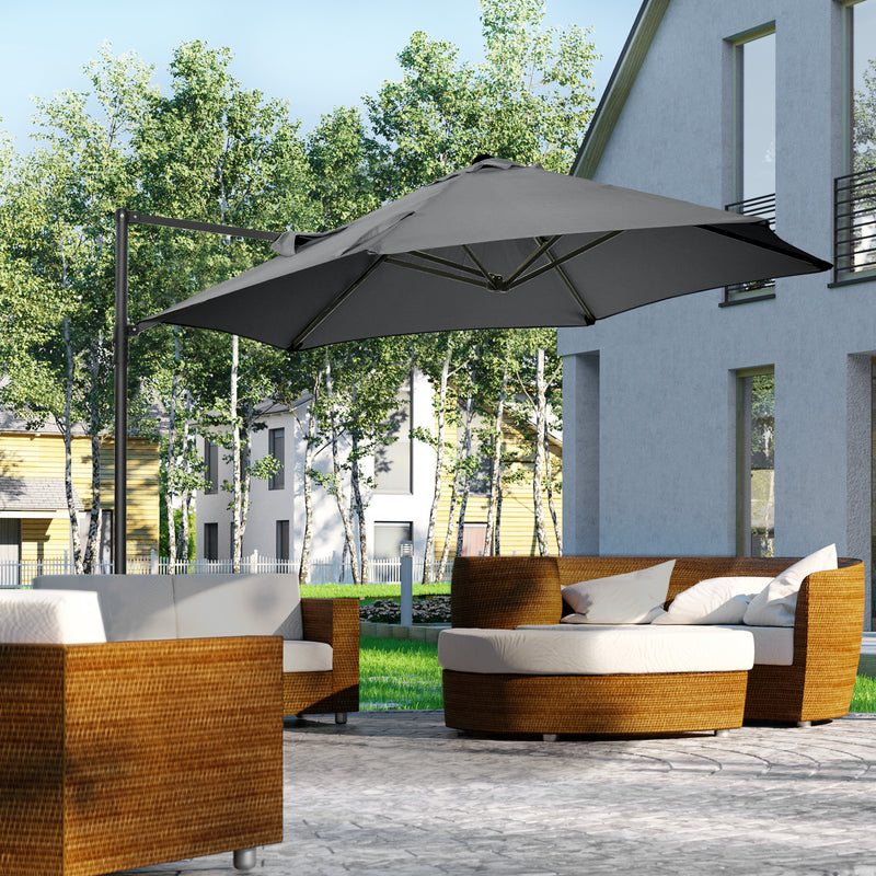 Outsunny 2.5M Offset Roma Patio Umbrella W/ 360° Rotation and Base, Dark Grey