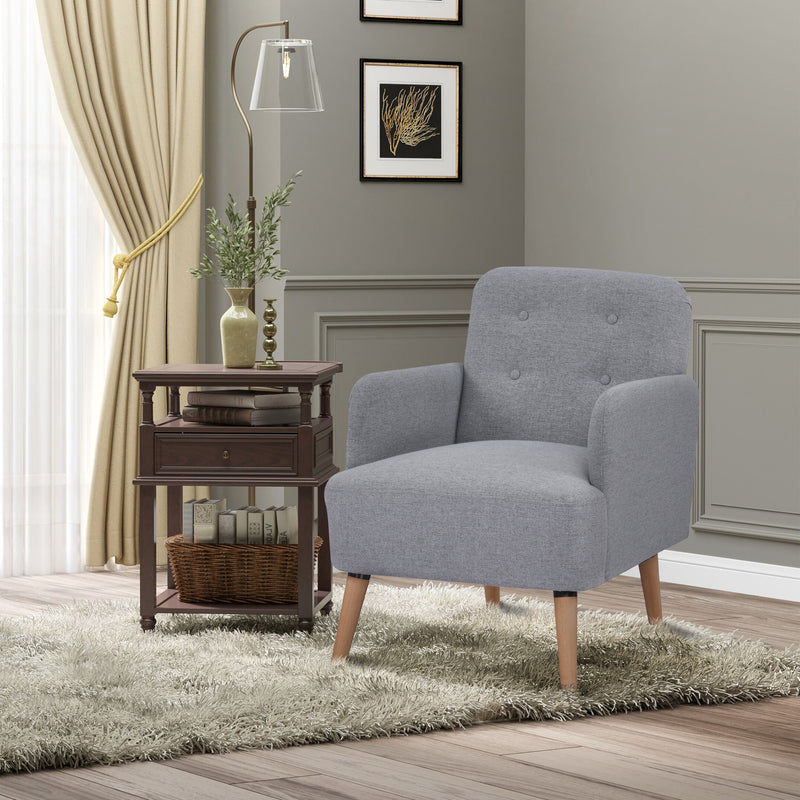 HOMCOM Upholstered Armchair, Nature Wood Frame Padded Living Room Chair, Grey