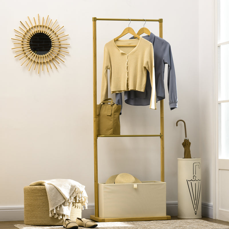 HOMCOM Clothes Rail Bamboo Coat Stand Garment Rack W/ Shelves Fabric Box Natural