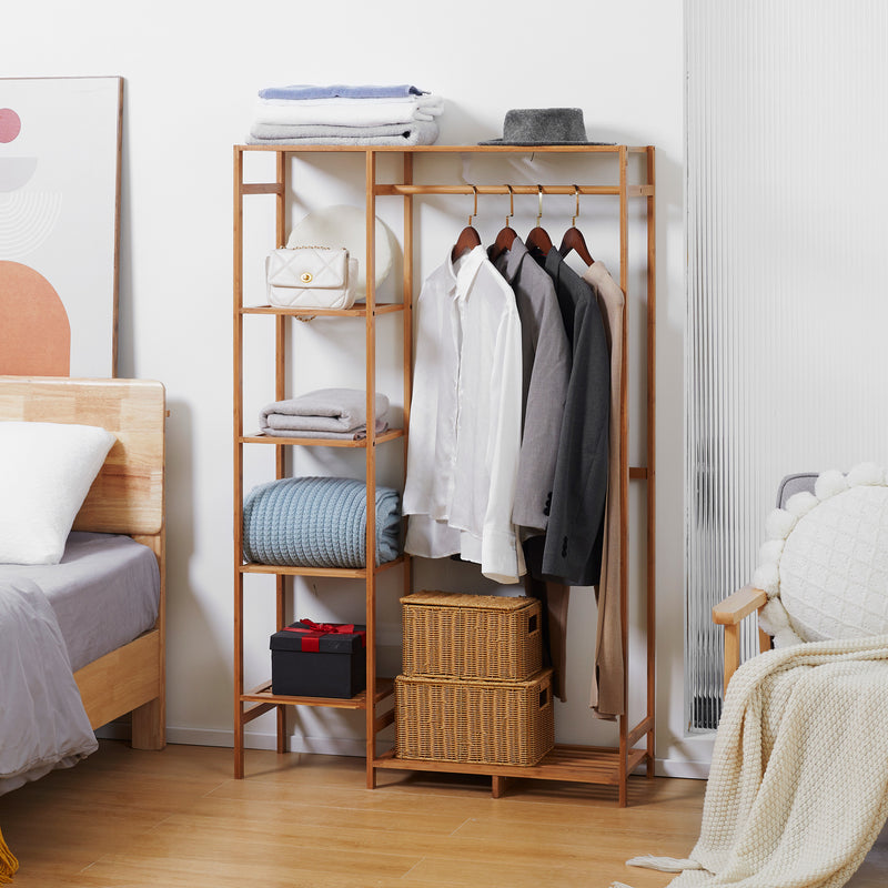 HOMCOM Bamboo Clothes Rail Garment Rack with 6 Tier Storage Shelf Hanging Rod