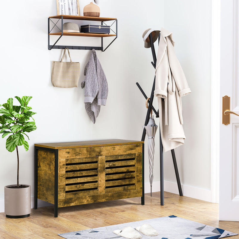 HOMCOM Louvred Storage Shoe Bench Chest with Lift Top for Bedroom, Rustic Brown