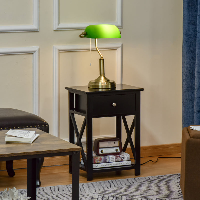 HOMCOM Banker's Table Lamp w/ Bronze Base, Green Glass Shade, Pull Rope Switch