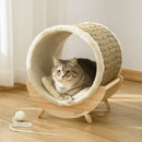 PawHut Raised Kitten Bed Pet Shelter w/ Scratcher Cushion, Beige 41 x 38 x 43 cm