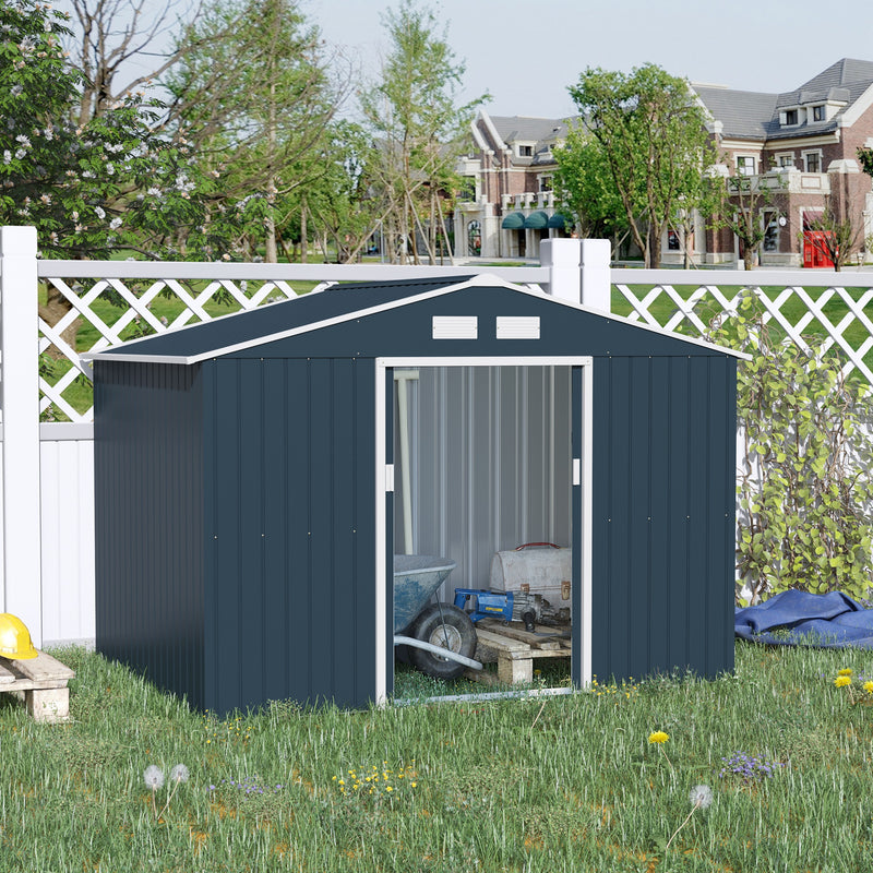 Outsunny 9 X 6FT Outdoor Storage Garden Shed Sliding Door Galvanised Dark Grey