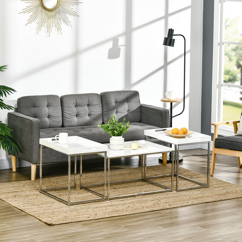 HOMCOM Coffee Table Set of 3 W/ Steel Frame, High Gloss Nest of Tables, White
