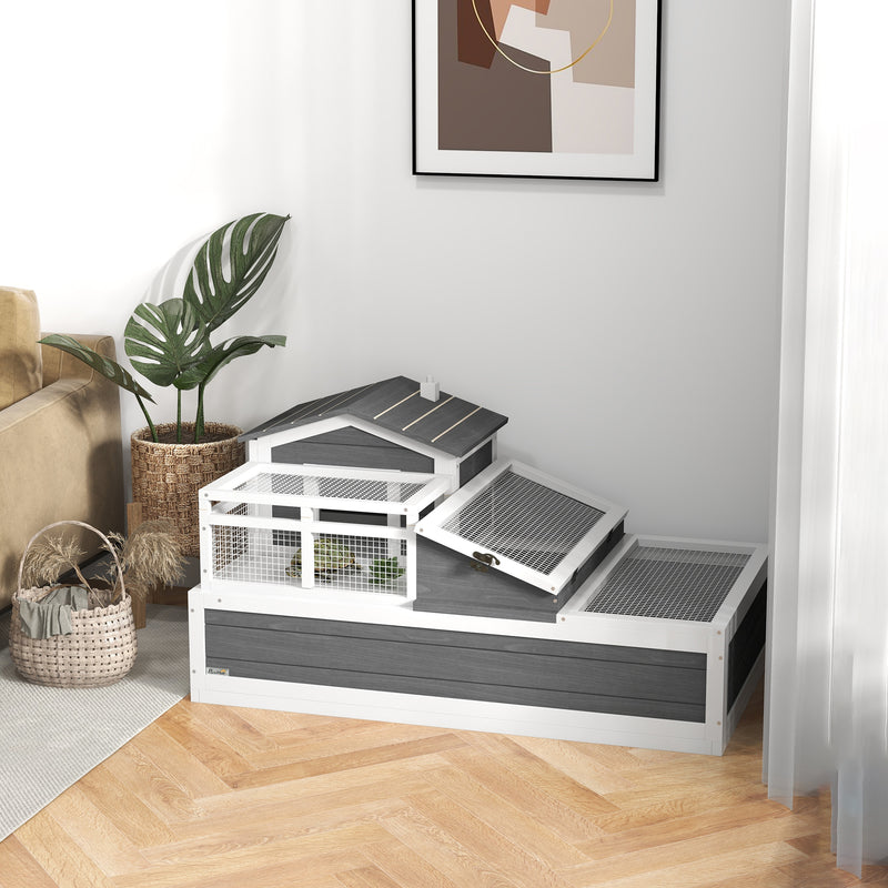 PawHut Wooden Tortoise House Indoor Outdoor w/ Balcony, Tray, Openable Roof