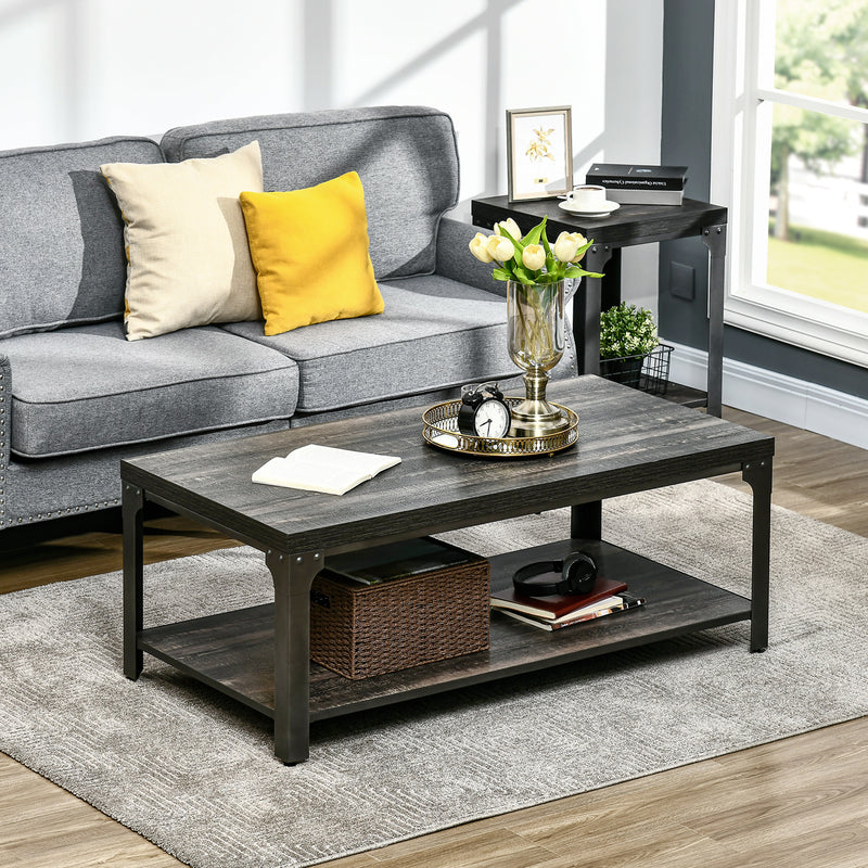 HOMCOM Rustic Coffee Table, 2-Tier Centre Table W/ Storage and Steel Frame