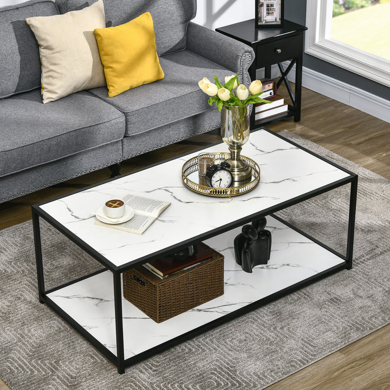 HOMCOM Coffee Table Cocktail Table w/ Faux Marble Top and Steel Frame, White