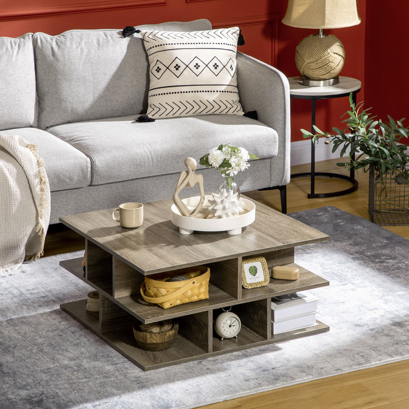 HOMCOM Square Modern 2-Tier Coffee Table with Multiple Storage Shelves Grey